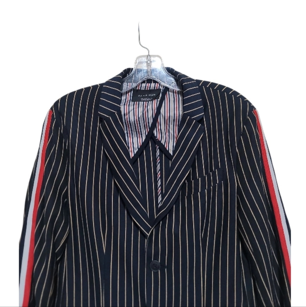 Zara Men Blue White Tan Stripe Blazer W/Pockets Size Small - Picture 3 of 7